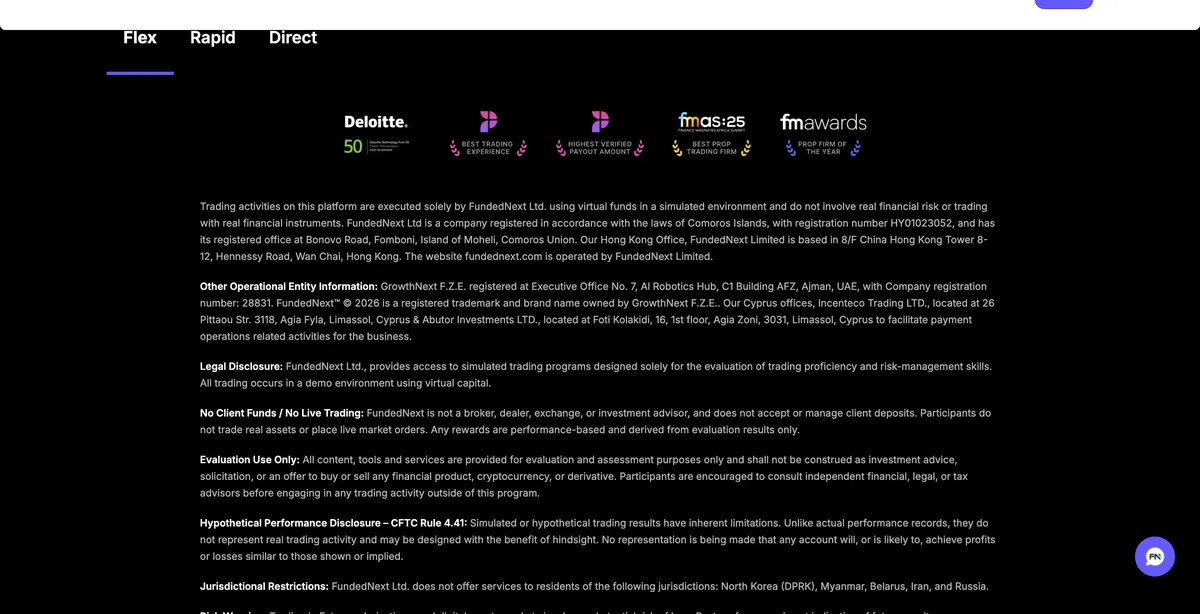 FundedNext website footer legal text naming FundedNext Ltd in the Comoros, FundedNext Limited in Hong Kong, GrowthNext F.Z.E. in the UAE, the Cyprus payment companies and the restricted jurisdictions